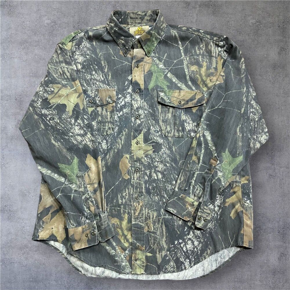 No Trace Outdoors Vintage Real Tree Cotton Button Front Shirt Green Mens Size XL